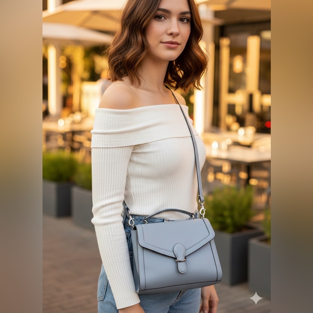 Off-Shoulder Ribbed Top with Blue Handbag